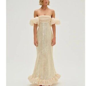NEW FOR LOVE AND LEMONS KESSIE OFF THE SHOULDER SEQUIN CREAM MAXI GOWN DRESS M